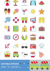 summer beach related camera, football, luggage, shirt, compass, starfish, watermelon, location, water tube, glasses, radio, ice cream, car,  bus, duck, basket and slipper vector with editable stroke,