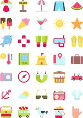 summer beach related camera, football, luggage, shirt, compass, starfish, watermelon, location, water tube, glasses, radio, ice cream, car,  bus, duck, basket and slipper vector in flat design,