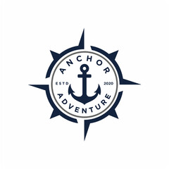 Retro Anchor with compass stamp badge emblem logo design