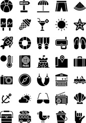 summer beach related camera, football, luggage, shirt, compass, starfish, watermelon, location, water tube, glasses, radio, ice cream, car,  bus, duck, basket and slipper vector in solid design,