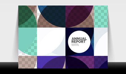 Horizontal A4 business flyer annual report template, circles and triangle style shapes modern geometric design for brochure layout, magazine or booklet