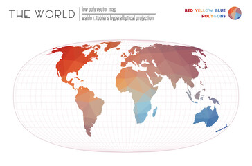 Polygonal world map. Waldo R. Tobler's hyperelliptical projection of the world. Red Yellow Blue colored polygons. Beautiful vector illustration.