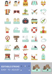 surf or summer related girl, boy, bus, luggage, location, swimming badge, water tube, flood waves, clouds, towel, board, mountains, thermometer, hand, jacket and glasses vector with editable stroke,