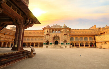 Amer Fort medieval architecture built in the year 1592 at Jaipur Rajasthan India. View of Amber...