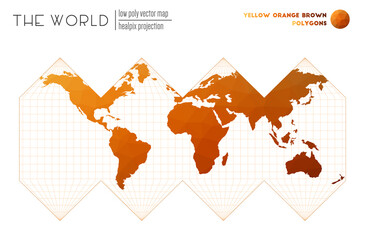 Polygonal map of the world. HEALPix projection of the world. Yellow Orange Brown colored polygons. Modern vector illustration.