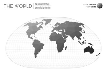 Triangular mesh of the world. Loximuthal projection of the world. Grey Shades colored polygons. Amazing vector illustration.