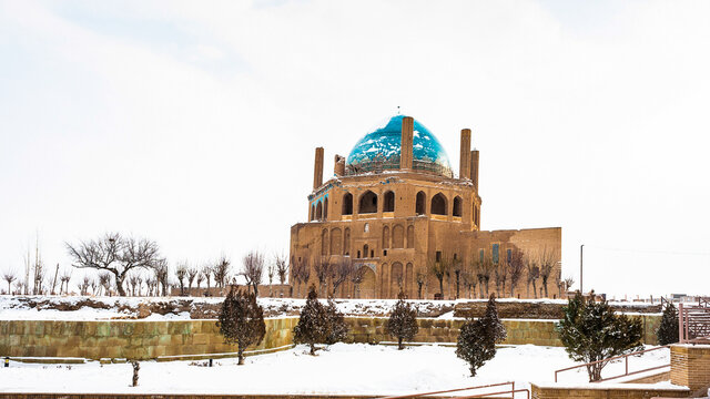It's Soltaniyeh dome in winter on the snow, Soltaniyeh District of Abhar County, Zanjan Province, Iran. UNESCO World Heritage