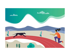 vector illustration of a mountain landscape with a woman and dog
