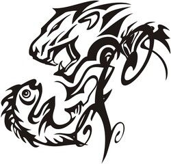 Tribal lion and fish double symbol. Fantastic symbol of aggressive lion and fish on a white background for your creative ideas, tattoo, embroidery, prints, etc.