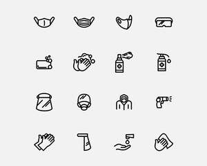 Virus protection equipment icons set vector line style