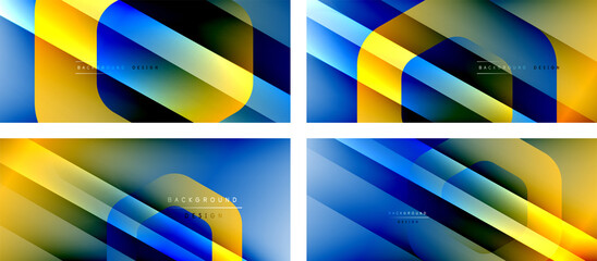 Set of hexagon geometric shapes and fluid gradients with 3d shadow and light straight lines, minimal abstract backgrounds