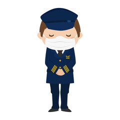 感染予防の為にマスクをした男性パイロット。男性がお辞儀をしてるイラスト。
