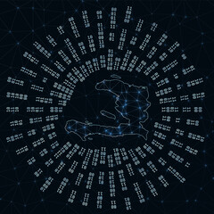 Haiti digital map. Binary rays radiating around glowing country. Internet connections and data exchange design. Vector illustration.