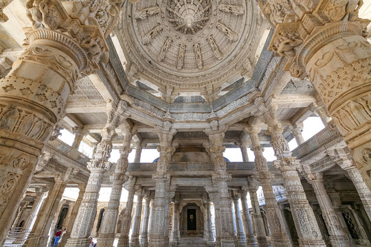 Famous Dilwara temple interior architecture structure with stone artwork at Mount Abu, Rajasthan, India