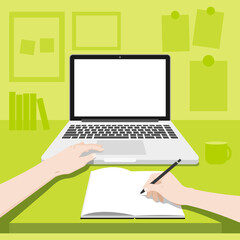 Working area with the person working. That has blank screen of laptop on the desk. the left hand touching on a touchpad of laptop and the right hand writing on a notebook. vector illustration