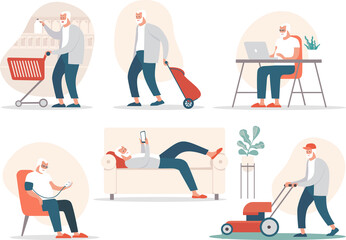 Senior man in different poses and situations. Vector flat cartoon character illustration.