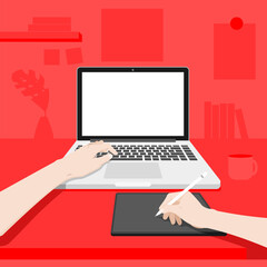 Working area with the person working. That has blank screen of laptop on the desk. the left hand using on a keyboard of laptop and the right hand using a tablet. vector illustration