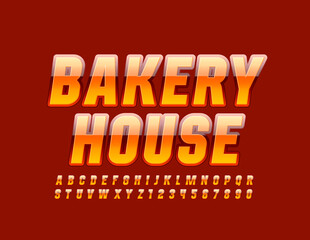 Vector bright poster Bakery House with Hot Orange and Red Font. Shiny Alphabet Letters and Numbers