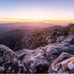 Reeds Lookout at the Grampians mountain ranges in Halls Gap, Victoria, Australia at sunset