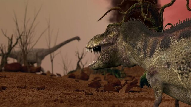 Dinosaur. Prehistoric Jungle, landscape, valley with Dinosaurs. realistic animation and motion