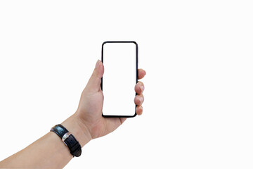 Man hand holding a mobile phone white screen background.