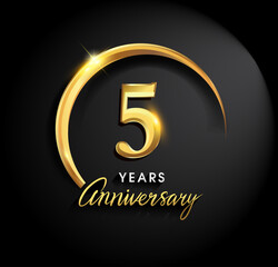 5th years anniversary celebration. Anniversary logo with ring and elegance golden color isolated on black background, vector design for celebration, invitation card, and greeting card