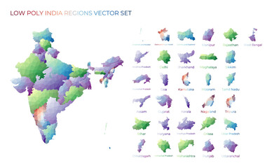Indian low poly regions. Polygonal map of India with regions. Geometric maps for your design. Creative vector illustration.