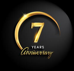 7th years anniversary celebration. Anniversary logo with ring and elegance golden color isolated on black background, vector design for celebration, invitation card, and greeting card