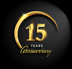 15th years anniversary celebration. Anniversary logo with ring and elegance golden color isolated on black background, vector design for celebration, invitation card, and greeting card