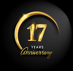 17th years anniversary celebration. Anniversary logo with ring and elegance golden color isolated on black background, vector design for celebration, invitation card, and greeting card