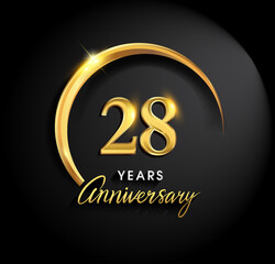 28th years anniversary celebration. Anniversary logo with ring and elegance golden color isolated on black background, vector design for celebration, invitation card, and greeting card