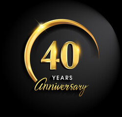 40th years anniversary celebration. Anniversary logo with ring and elegance golden color isolated on black background, vector design for celebration, invitation card, and greeting card