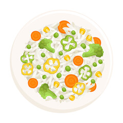 Rice with vegetables on a plate top view. Vegetarian dish isolated on a white background. Traditional asian food. Vector illustration in cartoon style.