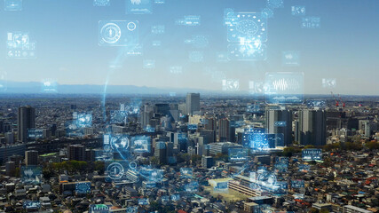 Smart city and communication network concept. 5G. IoT (Internet of Things). Telecommunication.