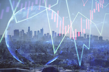 Forex chart on cityscape with skyscrapers wallpaper multi exposure. Financial research concept.