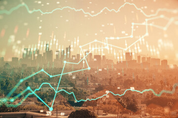 Forex chart on cityscape with skyscrapers wallpaper multi exposure. Financial research concept.
