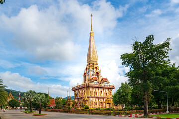 Beautiful pagoda at Chalong temple or Wat Chalong. Popular tourist attraction in Phuket Thailand