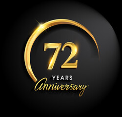 72nd years anniversary celebration. Anniversary logo with ring and elegance golden color isolated on black background, vector design for celebration, invitation card, and greeting card