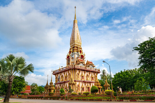 Beautiful pagoda at Chalong temple or Wat Chalong. Popular tourist attraction in Phuket Thailand