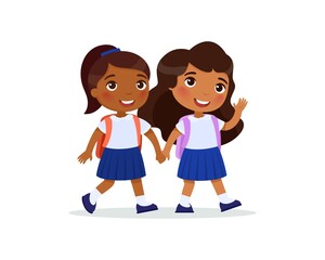 Indian schoolgirls going to school flat vector illustration. Couple pupils in uniform holding hands isolated cartoon characters. Two happy elementary school students with backpacks waving hand 