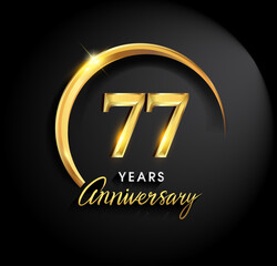 77th years anniversary celebration. Anniversary logo with ring and elegance golden color isolated on black background, vector design for celebration, invitation card, and greeting card