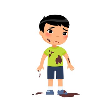 Sad dirty  boy flat vector color illustration. Unhappy asian toddler in mud. Bad child behavior. Untidy, grubby little child with dark hair cartoon character isolated on white background