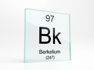 Berkelium element symbol from periodic table on glass icon - realistic 3D render