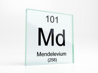 Mendelevium element symbol from periodic table on glass icon - realistic 3D render