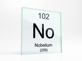 Nobelium element symbol from periodic table on glass icon - realistic 3D render