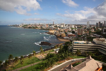 View of farol da barra and city skyline along Salvador beach in Salvador Bahia, Brazil
