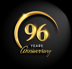 96th years anniversary celebration. Anniversary logo with ring and elegance golden color isolated on black background, vector design for celebration, invitation card, and greeting card