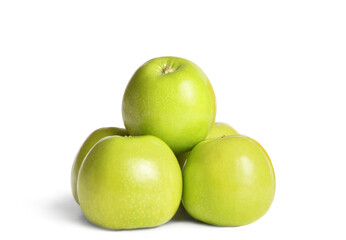 Three bright and ripe green apples on a white isolated background with copy space