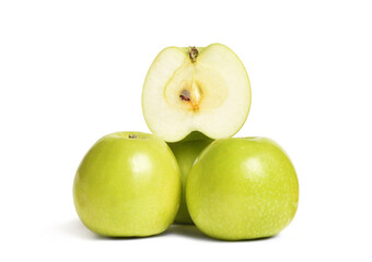Several bright and ripe green apples on a white isolated background with copy space
