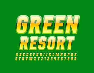 Vector bright poster Green Resort with Shiny Modern Font. Glossy Alphabet Letters and Numbers